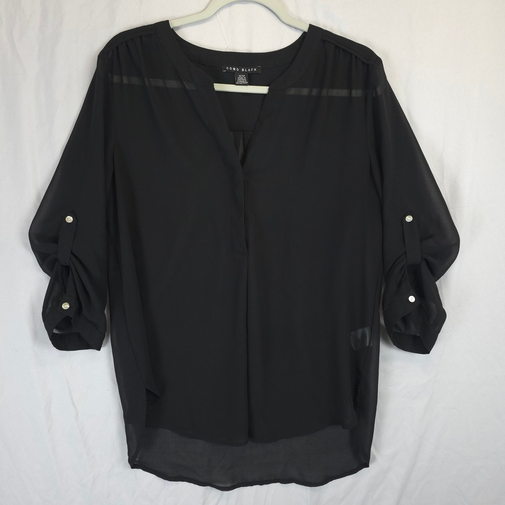 COMO Black Blouse Women M Roll Tab Sleeve Sheer‎ Popover High Low Minimalist